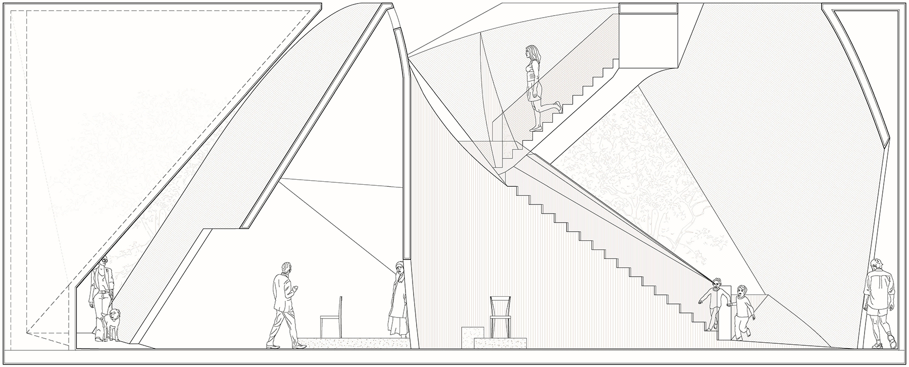 Longitudinal section illustrating layered spatial relationships and changing perspectives